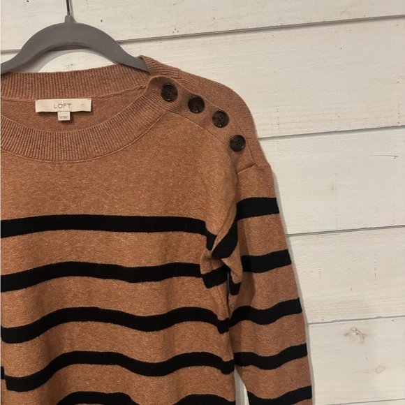LOFT Camel/Tan and Black Striped Crew Neck Sweater with Button details . - Picture 3 of 13